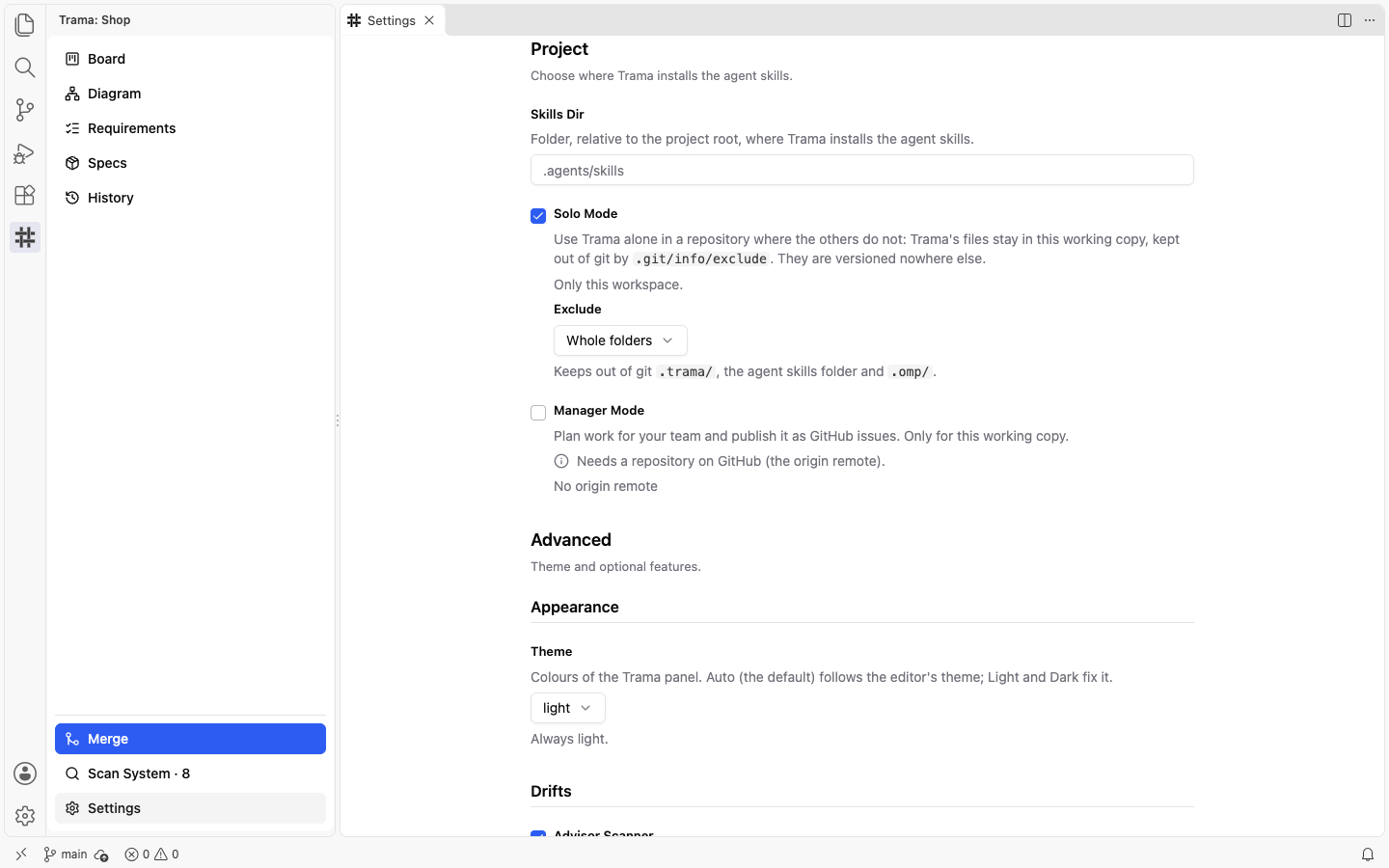 The Project group of Settings with Solo Mode checked, the Exclude selector set to Whole folders, the Manager Mode checkbox, and the Merge button now present at the bottom of the side menu.