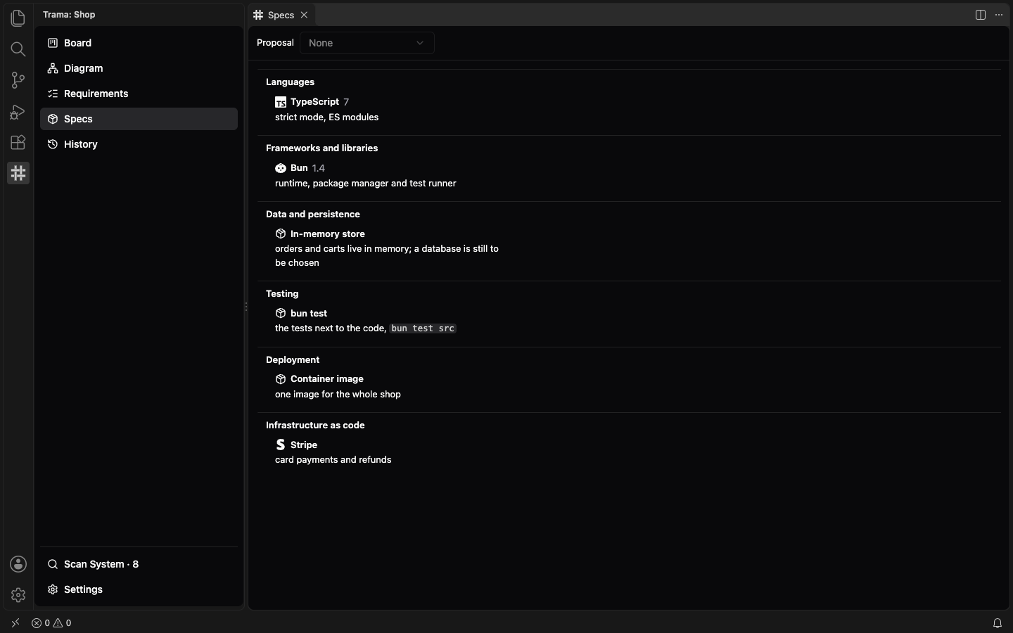 The Specs view with its fields one under the other: Languages with TypeScript 7, Frameworks and libraries with Bun 1.4, Data and persistence, Testing, Deployment and Infrastructure as code, each entry with a short note.