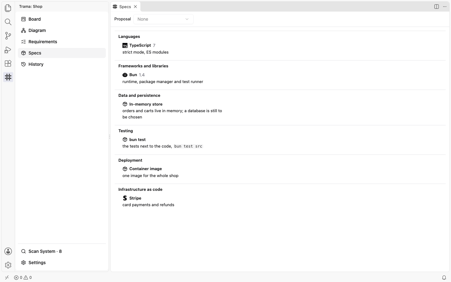 The Specs view with its fields one under the other: Languages with TypeScript 7, Frameworks and libraries with Bun 1.4, Data and persistence, Testing, Deployment and Infrastructure as code, each entry with a short note.