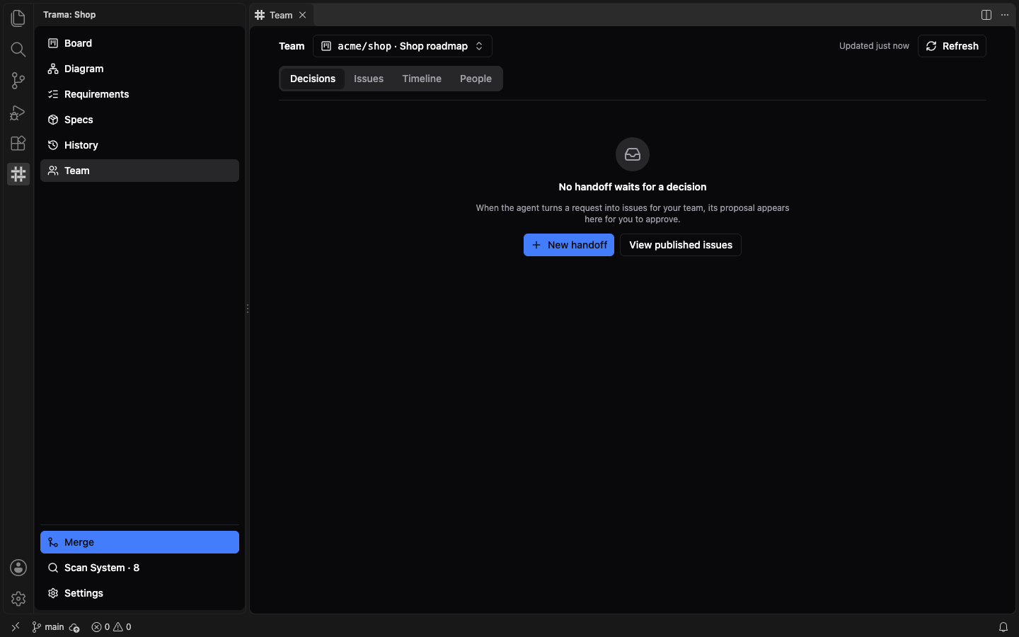 The Decisions tab of the Team view with the message No handoff waits for a decision, the New handoff and View published issues buttons, the tabs Decisions, Issues, Timeline and People, and the Refresh button.
