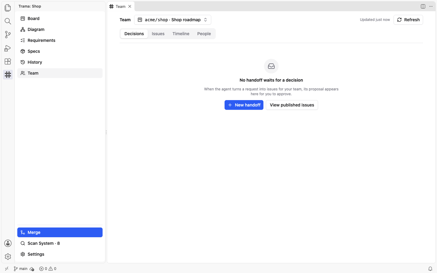 The Decisions tab of the Team view with the message No handoff waits for a decision, the New handoff and View published issues buttons, the tabs Decisions, Issues, Timeline and People, and the Refresh button.