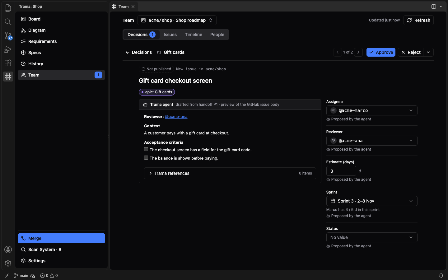 The preview of the first issue of a handoff, Gift card checkout screen, with its body on the left and the Assignee, Reviewer, Estimate in days and Sprint fields on the right, each marked as proposed by the agent, and Approve and Reject at the top.