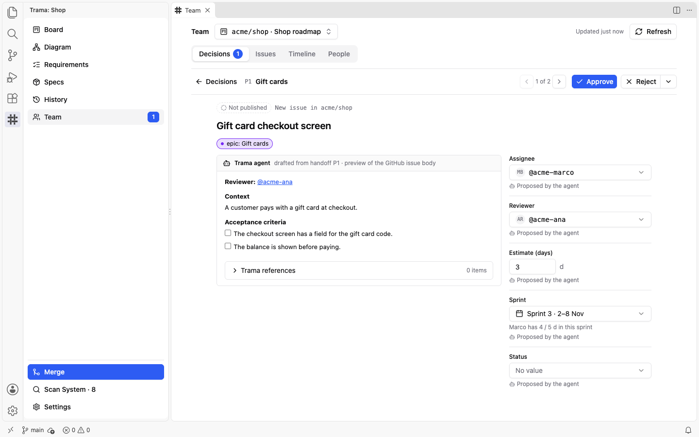 The preview of the first issue of a handoff, Gift card checkout screen, with its body on the left and the Assignee, Reviewer, Estimate in days and Sprint fields on the right, each marked as proposed by the agent, and Approve and Reject at the top.