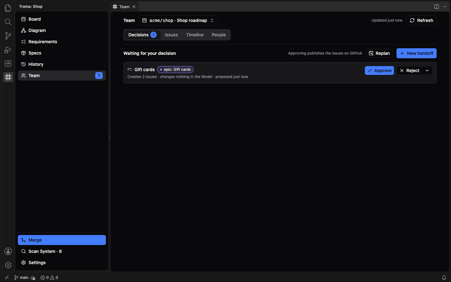 The Decisions tab with one handoff card, Gift cards, marked with an epic chip and the line Creates 2 issues, with Approve and Reject buttons, the Replan and New handoff buttons above it and a badge 1 on the Team entry.