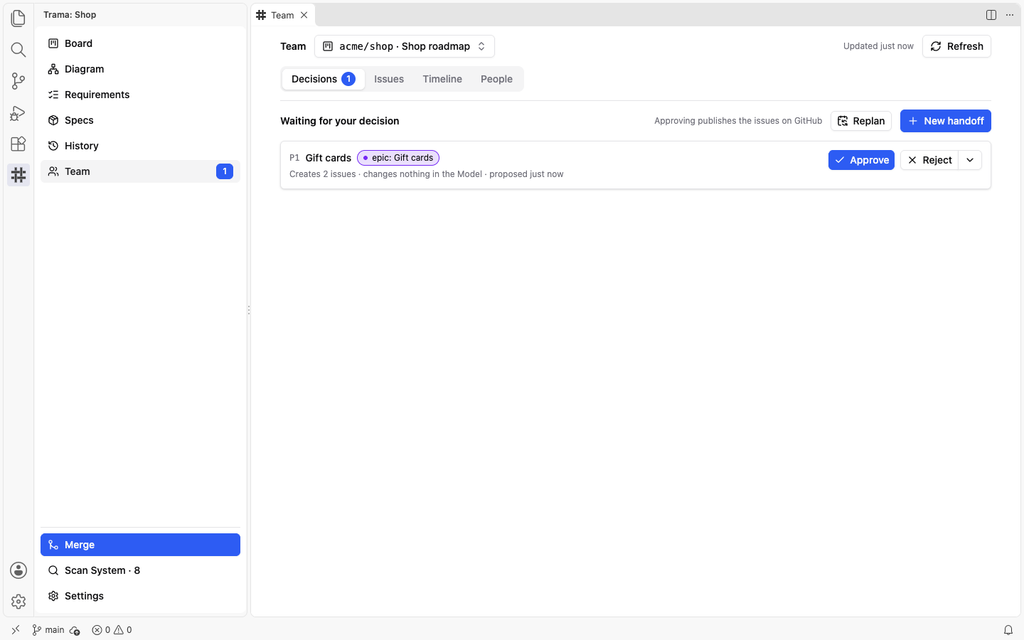 The Decisions tab with one handoff card, Gift cards, marked with an epic chip and the line Creates 2 issues, with Approve and Reject buttons, the Replan and New handoff buttons above it and a badge 1 on the Team entry.