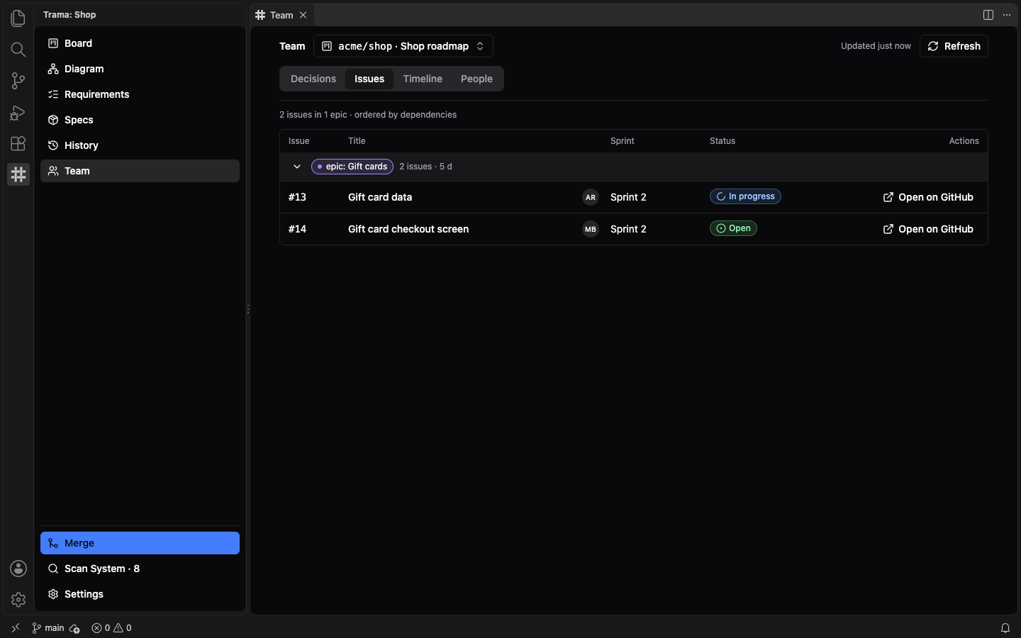 The Issues tab of the Team view showing two issues of the epic Gift cards, number 13 In progress and number 14 Open, each with its assignee, sprint and an Open on GitHub link.