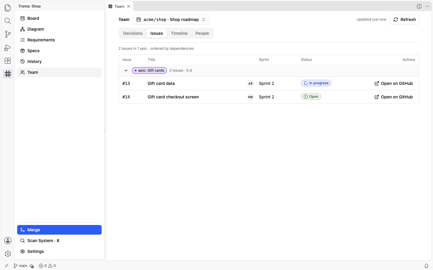 The Issues tab of the Team view showing two issues of the epic Gift cards, number 13 In progress and number 14 Open, each with its assignee, sprint and an Open on GitHub link.