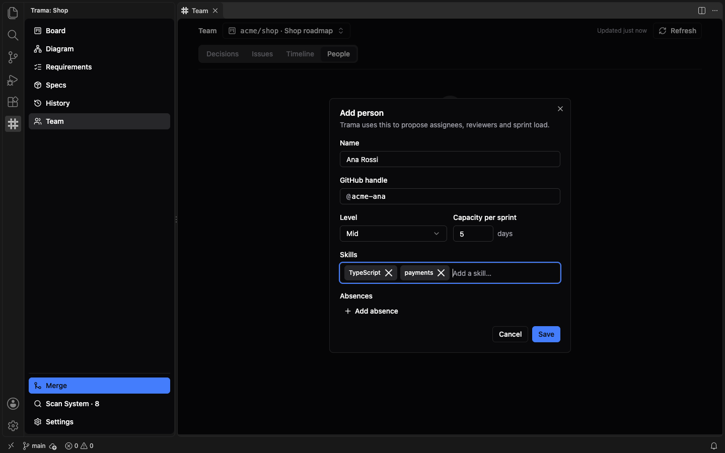 The Add person dialog over the dimmed Team view with the name Ana Rossi, the handle acme-ana, level Mid, a capacity of 5 days, the skills TypeScript and payments, an Add absence link, and Cancel and Save buttons.