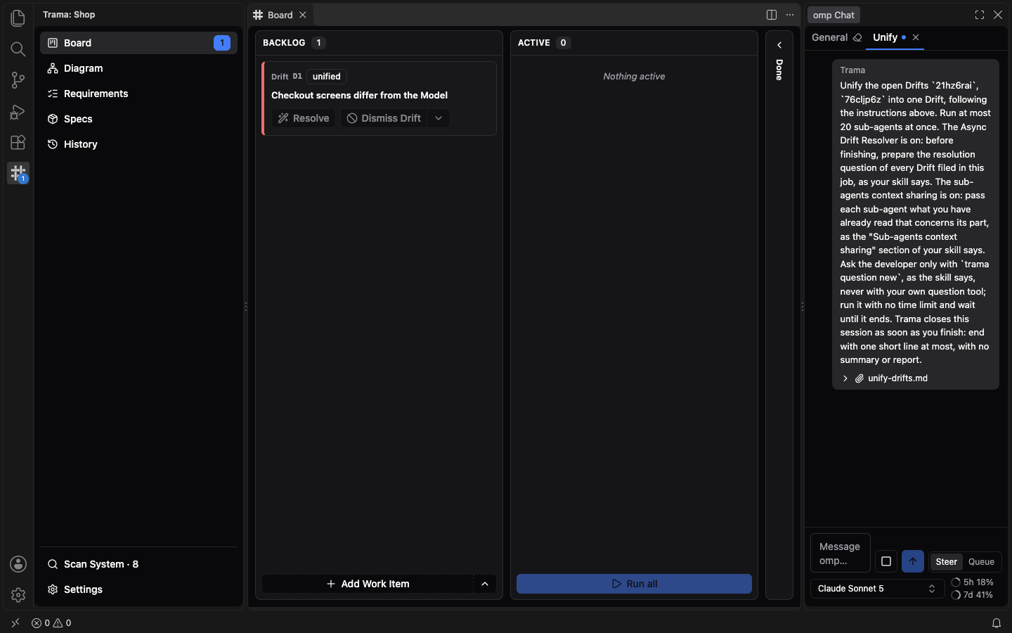 The Board after unifying: a single Drift card, Checkout screens differ from the Model, marked unified in the Backlog, with the Unify conversation still open in omp Chat.