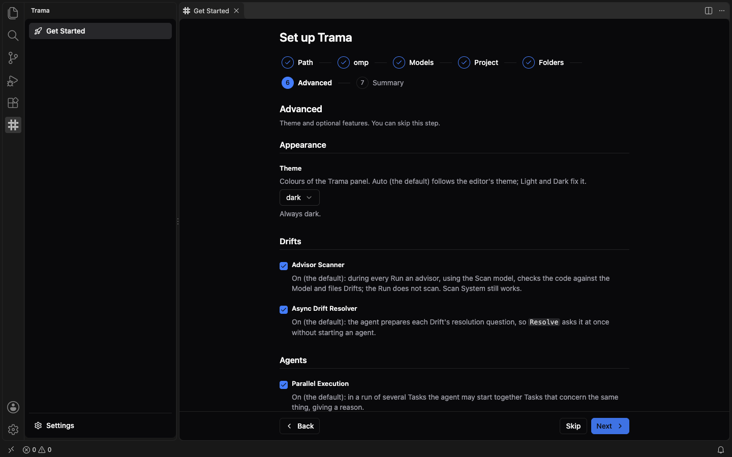 The Advanced step of the wizard with the Theme selector, the Advisor Scanner and Async Drift Resolver checkboxes under Drifts, and Parallel Execution under Agents, with Back, Skip and Next at the bottom.