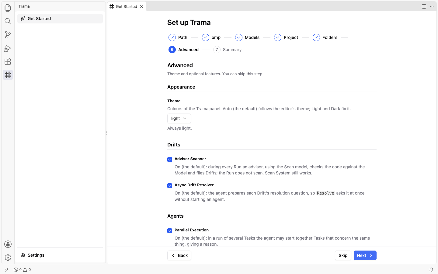 The Advanced step of the wizard with the Theme selector, the Advisor Scanner and Async Drift Resolver checkboxes under Drifts, and Parallel Execution under Agents, with Back, Skip and Next at the bottom.