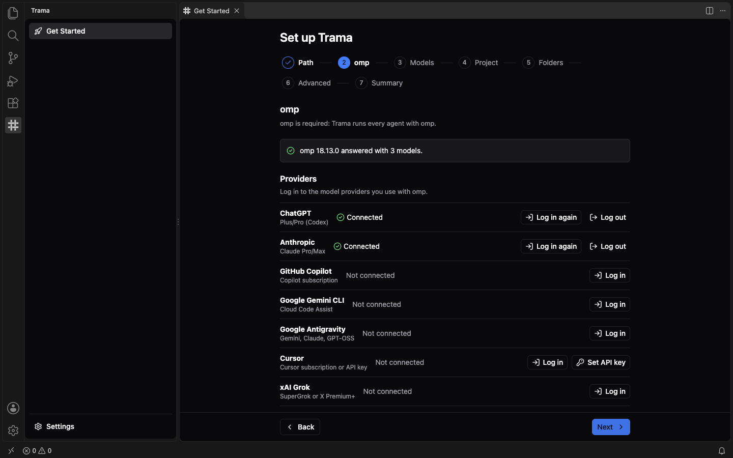 The omp step of the Set up Trama wizard: a box saying omp answered with 3 models and the Providers list with ChatGPT and Anthropic connected and Log in buttons for the others, with Back and Next at the bottom.