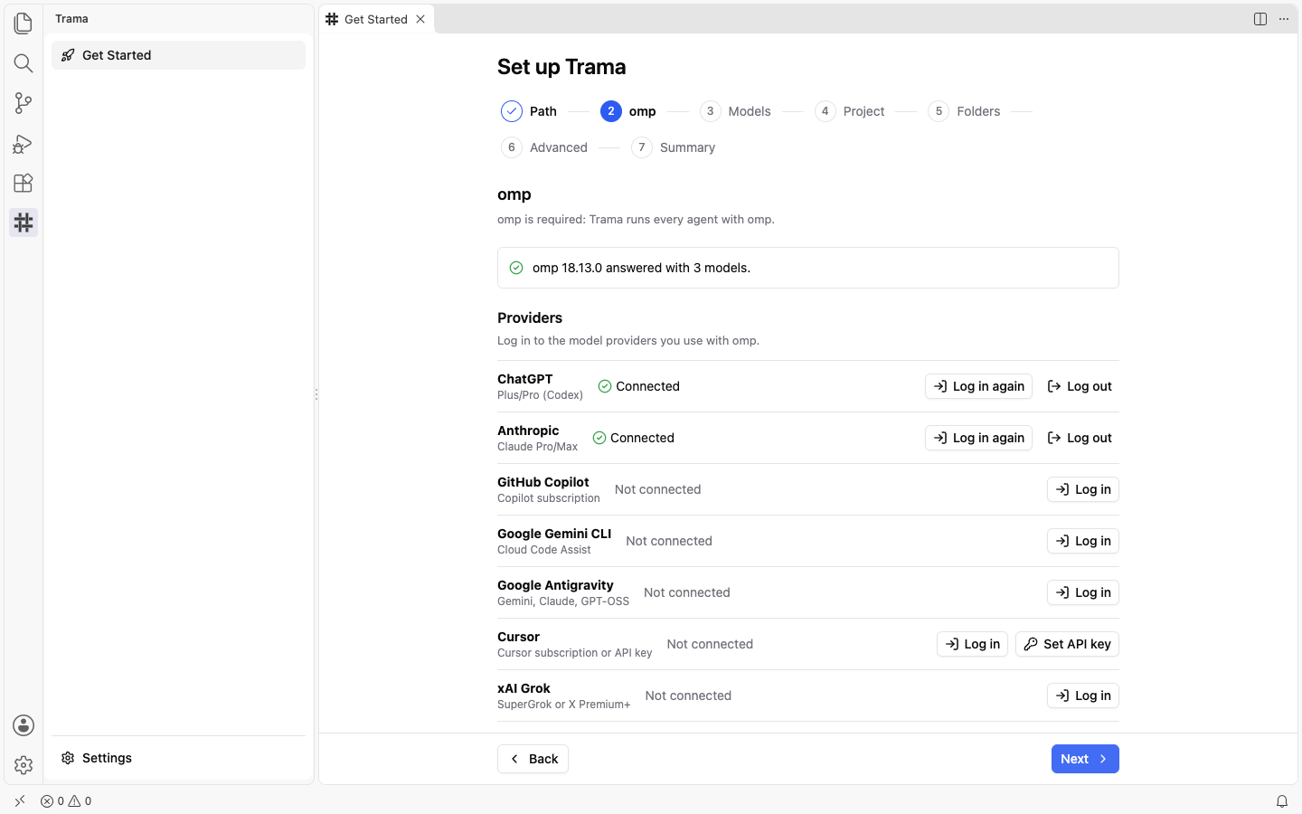 The omp step of the Set up Trama wizard: a box saying omp answered with 3 models and the Providers list with ChatGPT and Anthropic connected and Log in buttons for the others, with Back and Next at the bottom.