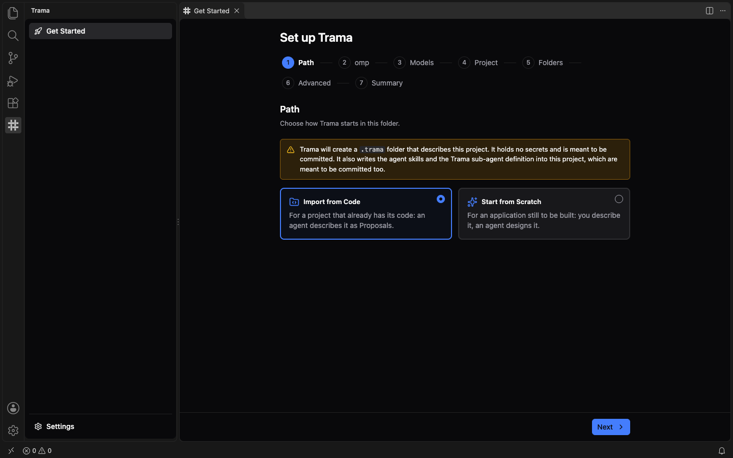 The Path step of the Set up Trama wizard with the Import from Code card chosen, the Start from Scratch card not chosen, and the Next button enabled at the bottom right.