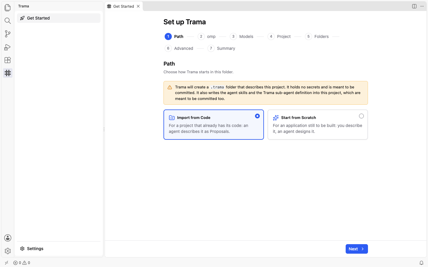 The Path step of the Set up Trama wizard with the Import from Code card chosen, the Start from Scratch card not chosen, and the Next button enabled at the bottom right.