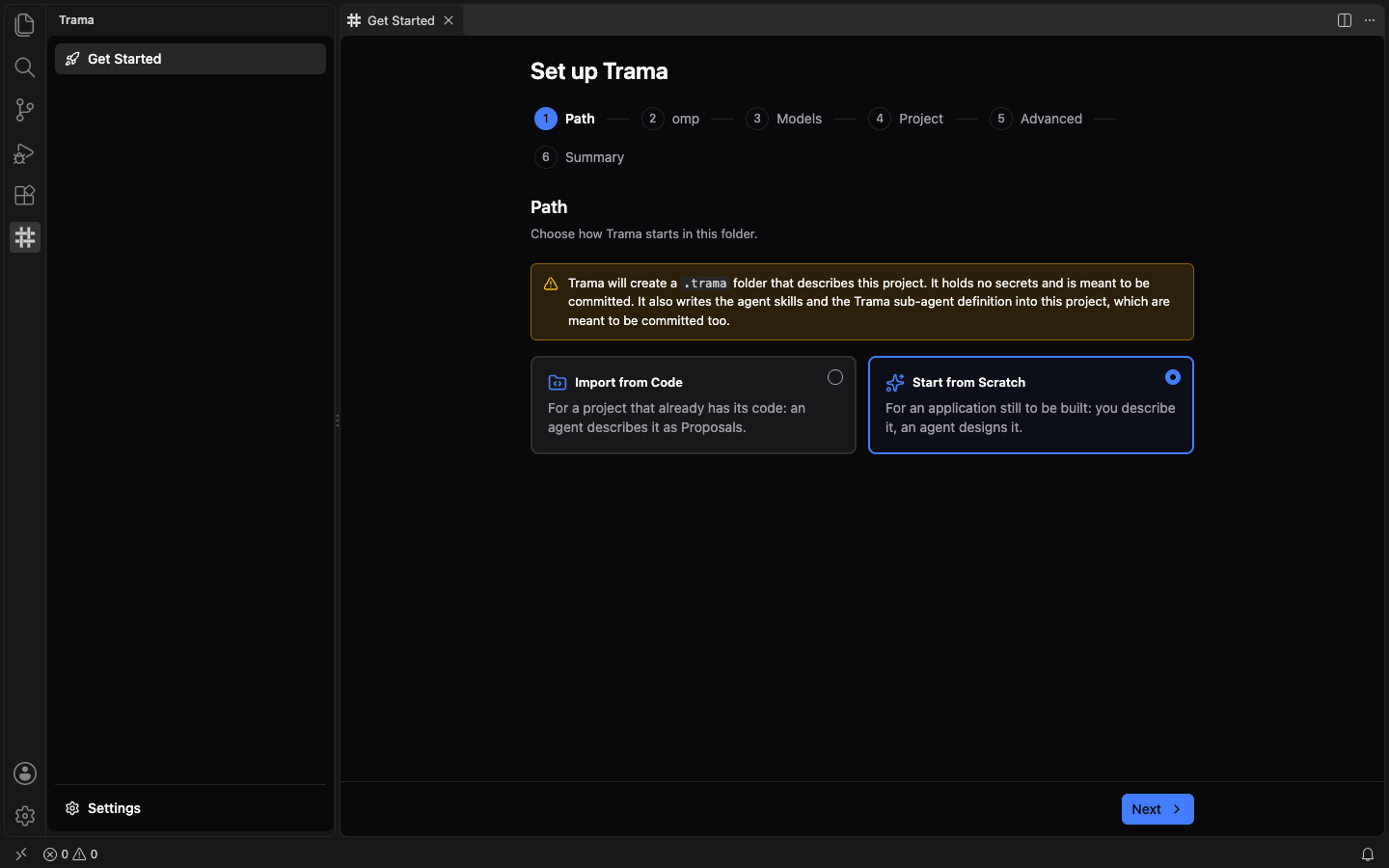 The Path step of the Set up Trama wizard with the Start from Scratch card chosen, the Import from Code card not chosen, and the Next button enabled at the bottom right.