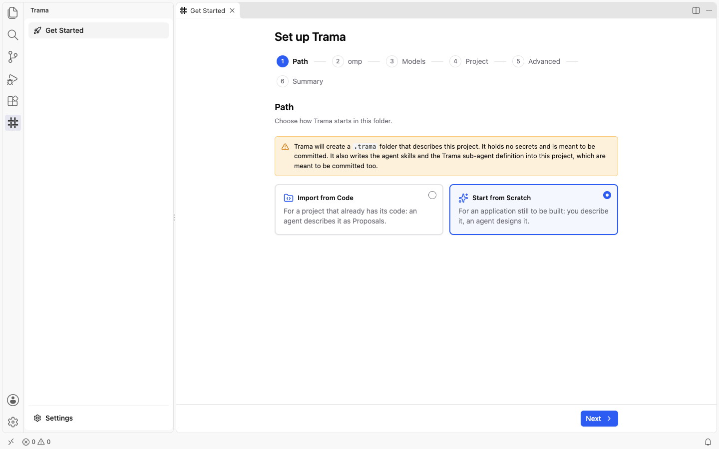 The Path step of the Set up Trama wizard with the Start from Scratch card chosen, the Import from Code card not chosen, and the Next button enabled at the bottom right.