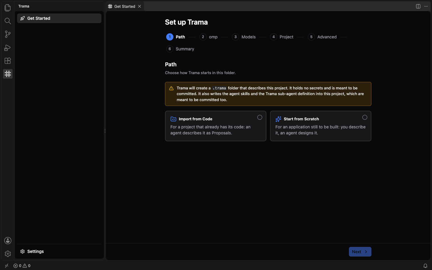 The Path step of the Set up Trama wizard with its six steps listed at the top, a notice about the .trama folder, and the two cards Import from Code and Start from Scratch, none chosen yet, with Next disabled.