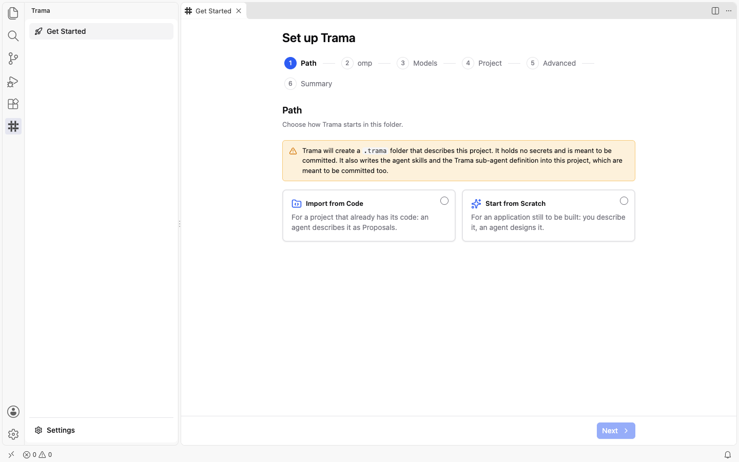 The Path step of the Set up Trama wizard with its six steps listed at the top, a notice about the .trama folder, and the two cards Import from Code and Start from Scratch, none chosen yet, with Next disabled.