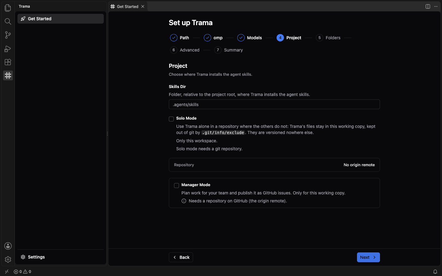 The Project step of the wizard with the Skills Dir field set to .agents/skills, the Solo Mode checkbox, a Repository line saying no origin remote, and the Manager Mode checkbox.
