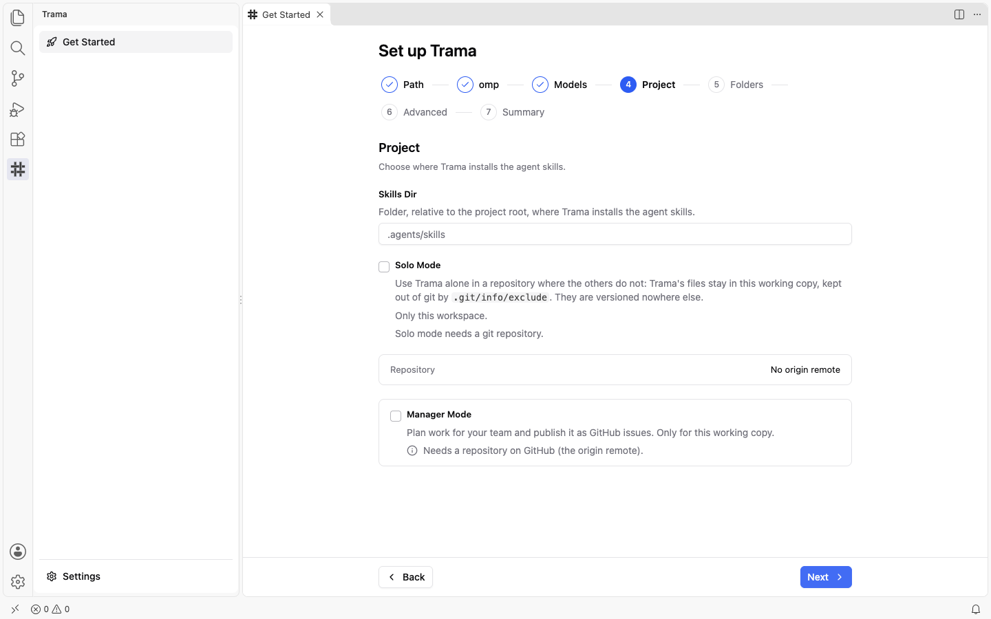 The Project step of the wizard with the Skills Dir field set to .agents/skills, the Solo Mode checkbox, a Repository line saying no origin remote, and the Manager Mode checkbox.