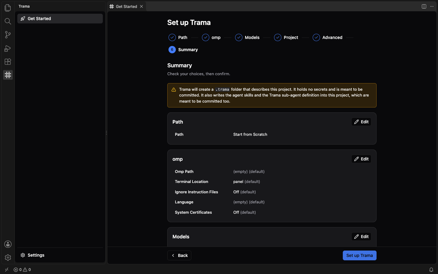 The Summary step of the wizard with the Path card reading Start from Scratch, the omp and Models cards below, and the Set up Trama button at the bottom right.