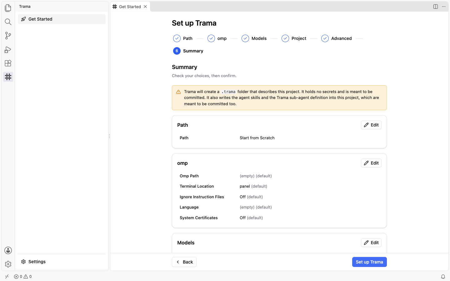 The Summary step of the wizard with the Path card reading Start from Scratch, the omp and Models cards below, and the Set up Trama button at the bottom right.
