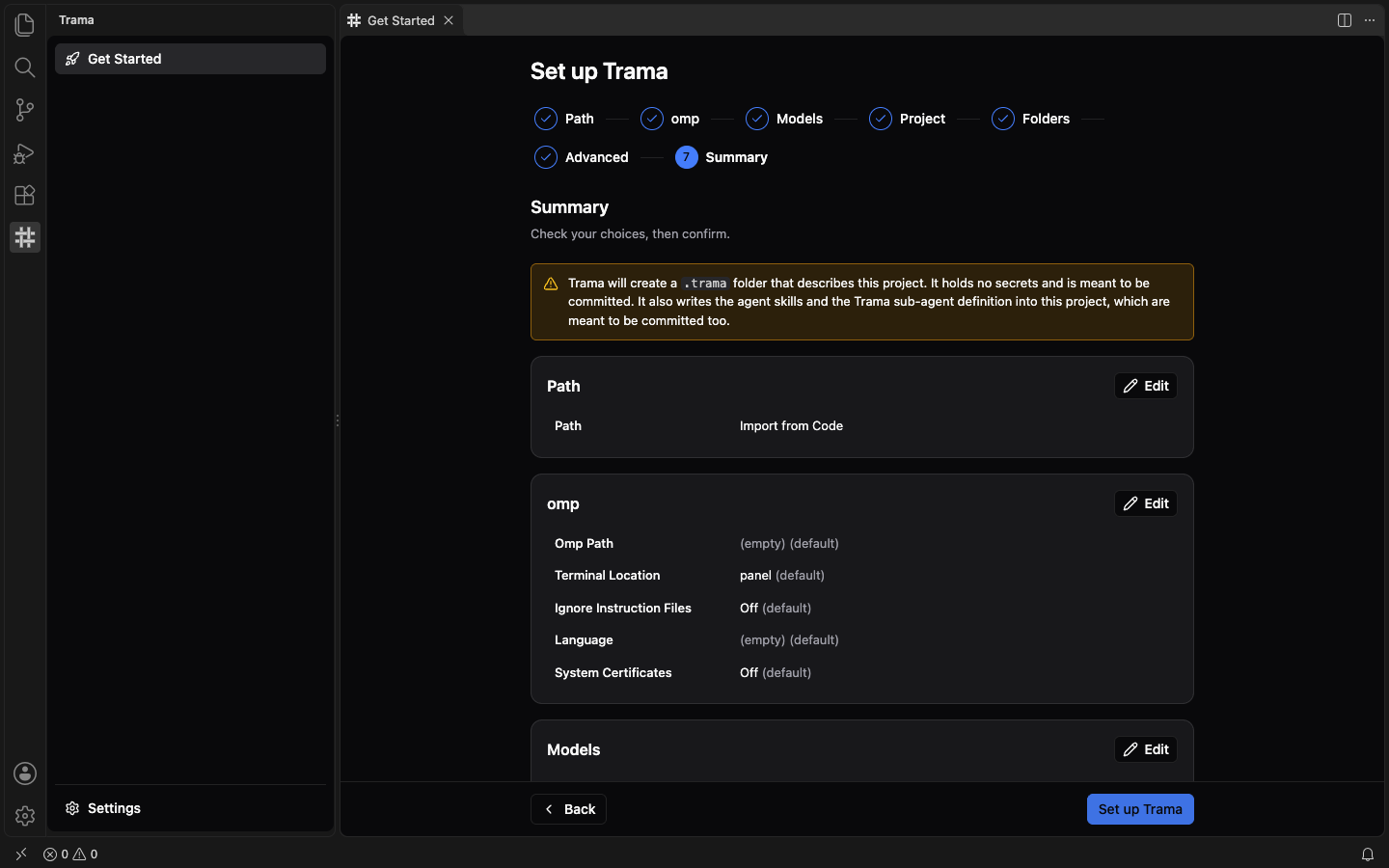 The Summary step of the wizard: the notice about the .trama folder, then cards for Path (Import from Code), omp and Models, each with an Edit button, and the Set up Trama button at the bottom right.