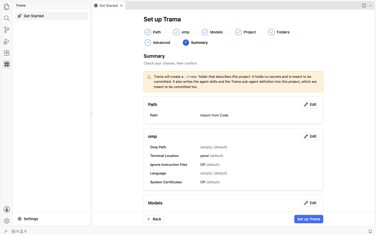 The Summary step of the wizard: the notice about the .trama folder, then cards for Path (Import from Code), omp and Models, each with an Edit button, and the Set up Trama button at the bottom right.